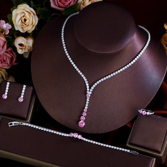 4pcs Glittering Cubic Zircon White Pink Necklace Earrings Bracelet and Ring Wedding Bridal Jewelry Set for Women Party Accessory