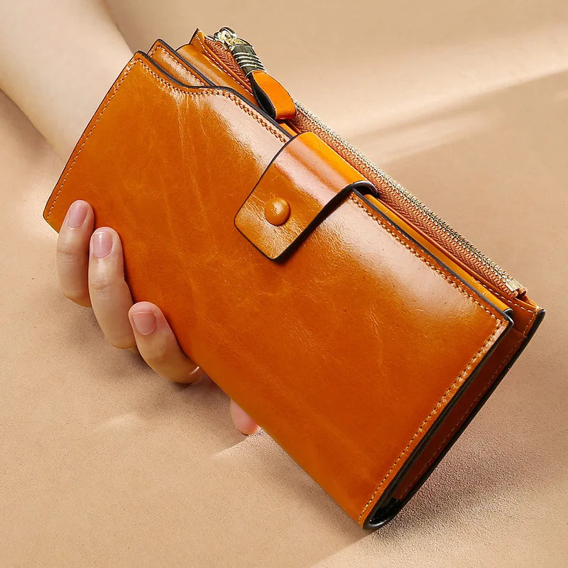Fashion  Real Leather Women RFID Clutch Purse with Strap Long Handle Wallet
