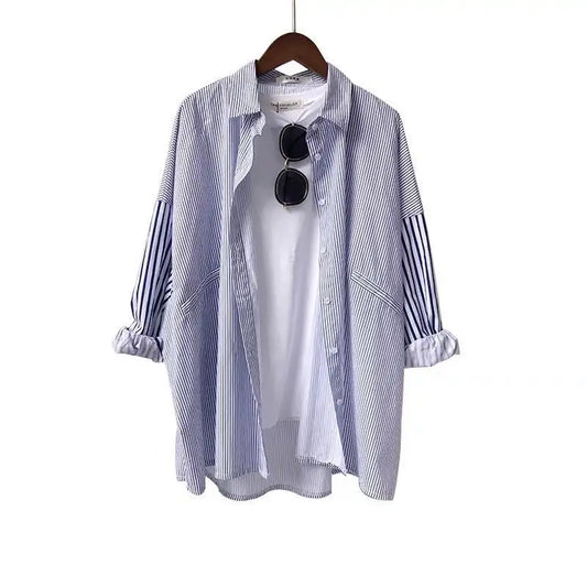 2025  Women Ladies Patchwork Striped Shirts Spring /Autumn Midi Length Loose Women's Casual Shirt and Blouse
