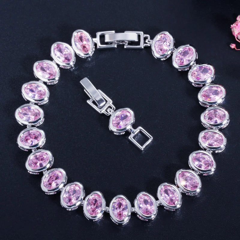 High Quality Stylish Pieces Bezel Setting Oval Cut Cubic Zirconia Pink Tennis Bracelet for Brides Dress Jewelry