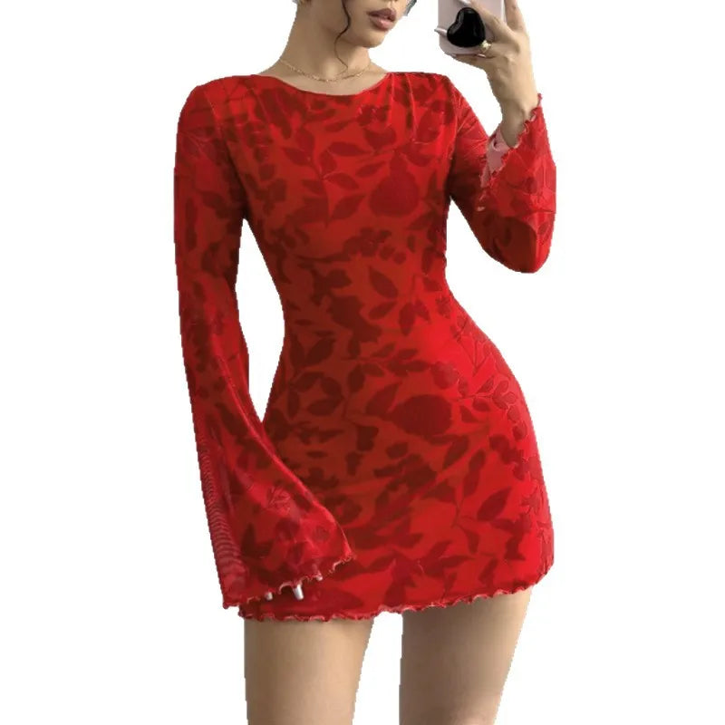 Flared Long Sleeve Women Short Dresses Slim Waist Fashion Backless Lace-up O-neck Sexy Women's Casual Short Dress