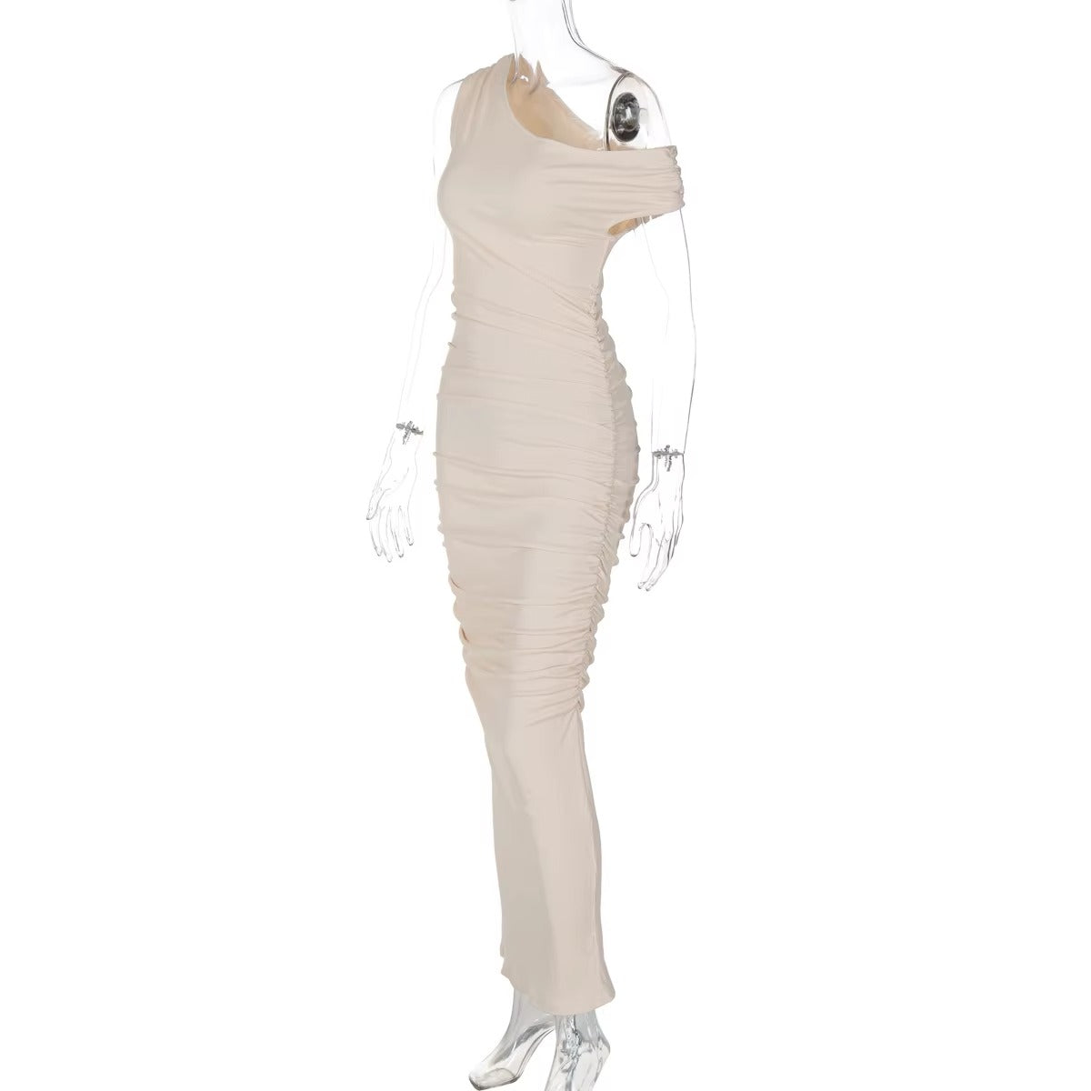Elegant Bodycon Maxi Vestidos Women Chic Solid Skew Collar Sleeveless Pleated Long Dresses Female New Summer Party Outfits