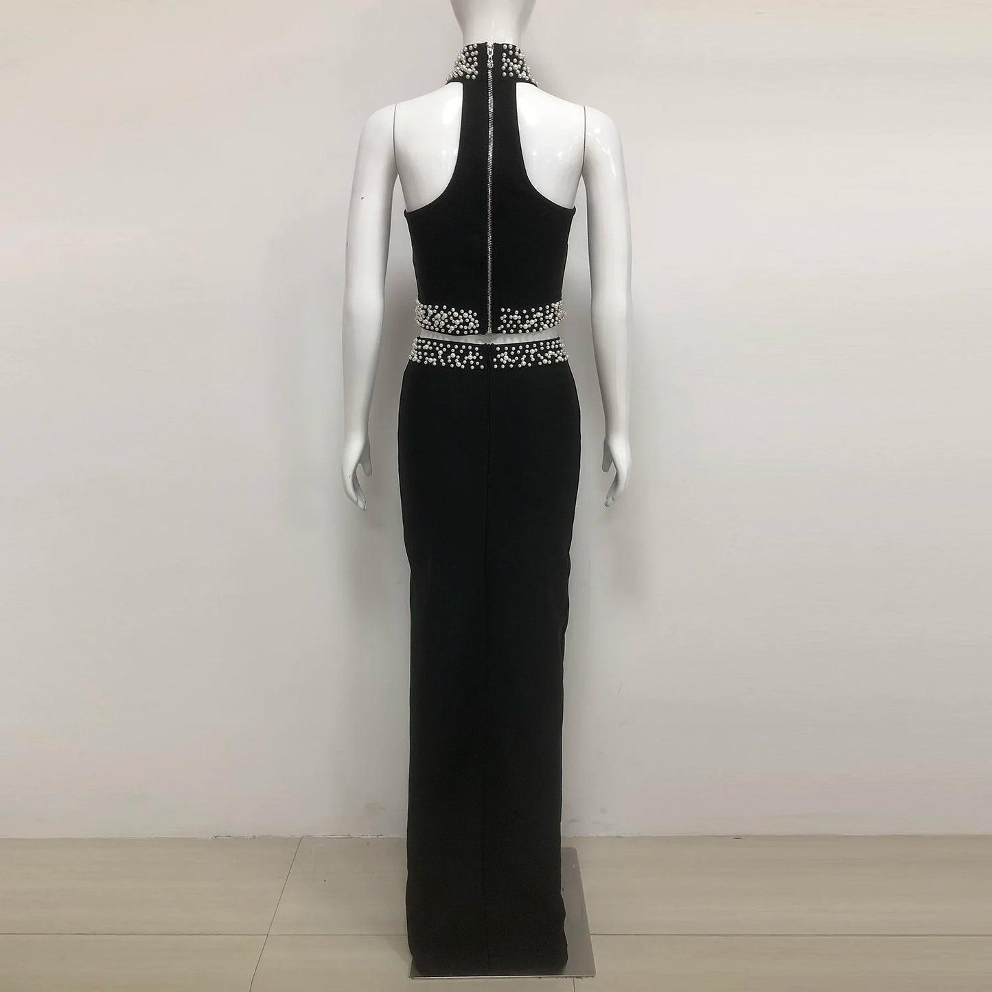Elegant Black High Slit Skirt Top Set Women's Party Wear Formal Two Piece Bandage Set
