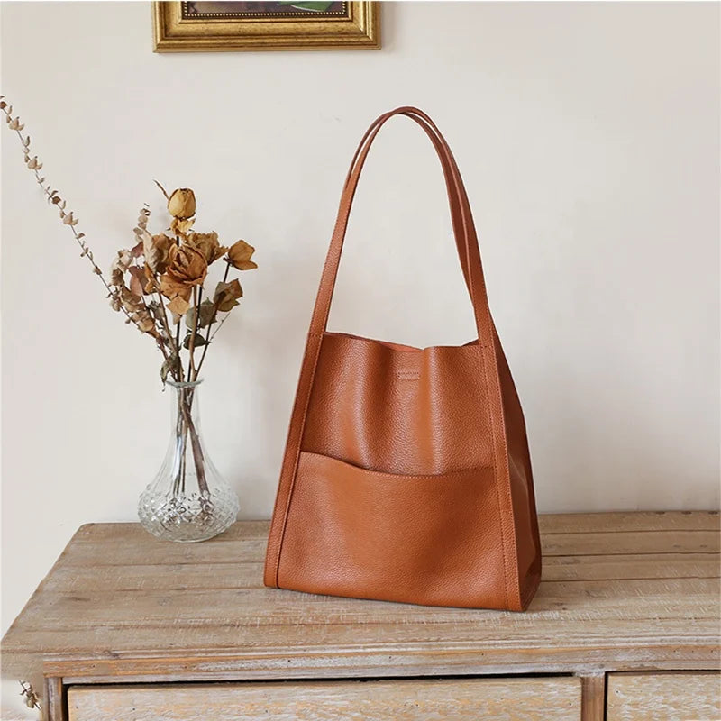 Luxury Genuine Leather Handbag Full Grain Fashion Lady Tote Women Shoulder Underarm Bag for Female Laptop Cowhide