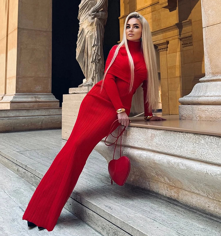 2026 Fashionable Elegant Red Bandage Dress High Neck Long Fitted Gown for Formal  Cocktail Events