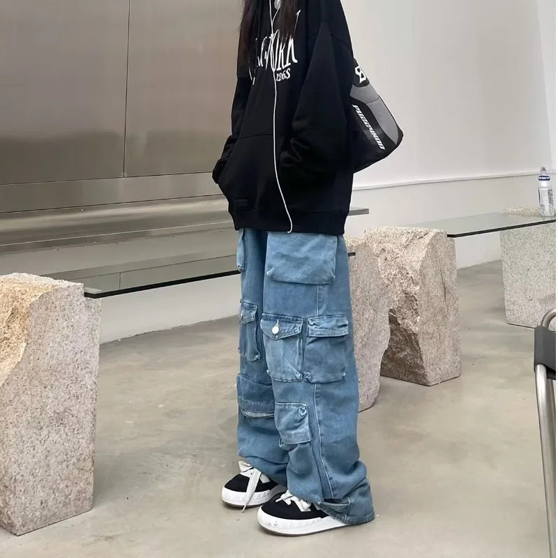 Girls  Loose Overall Denim Jeans Big Pockets Hip-hop Streetwear Zipper Button Trousers Long Pants Fashion Casual Jeans