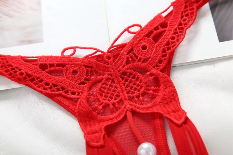 Women Embroidery Sexy Underwear Women's Transparent Temptation Pearl Massage T-Back Ultra-Thin See-through Thong
