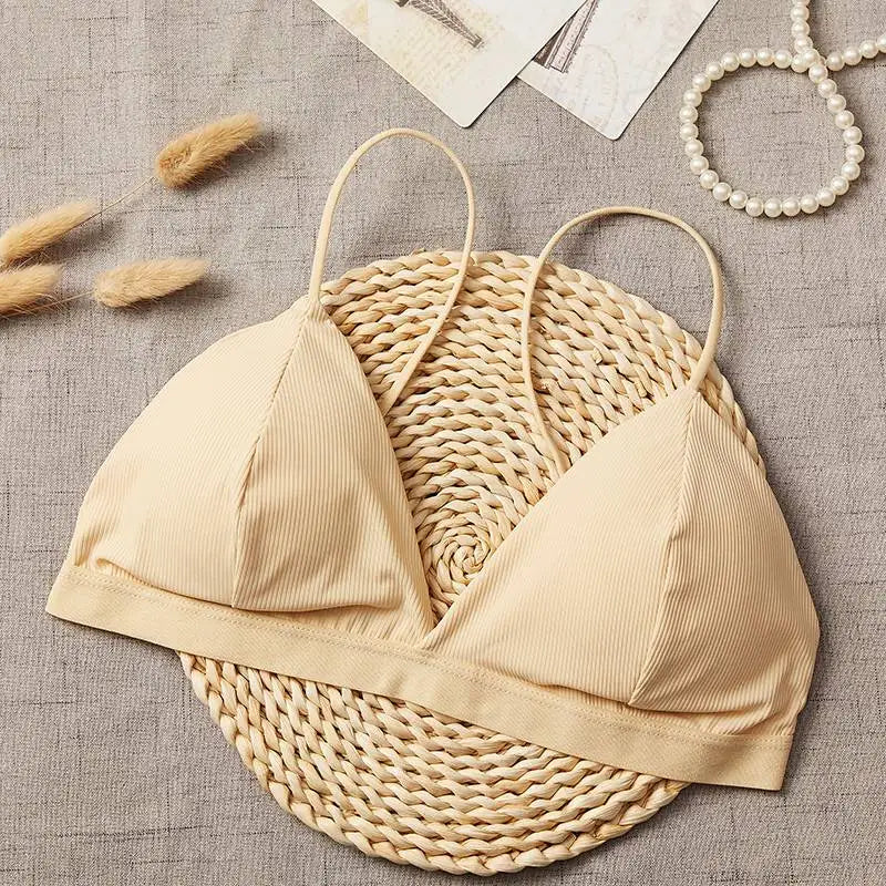 Women Tank Top Triangle Cup Cropped Top Female Seamless Underwear Sexy Lingerie V-Neck Padded Camisole Non-wire Bra Tops