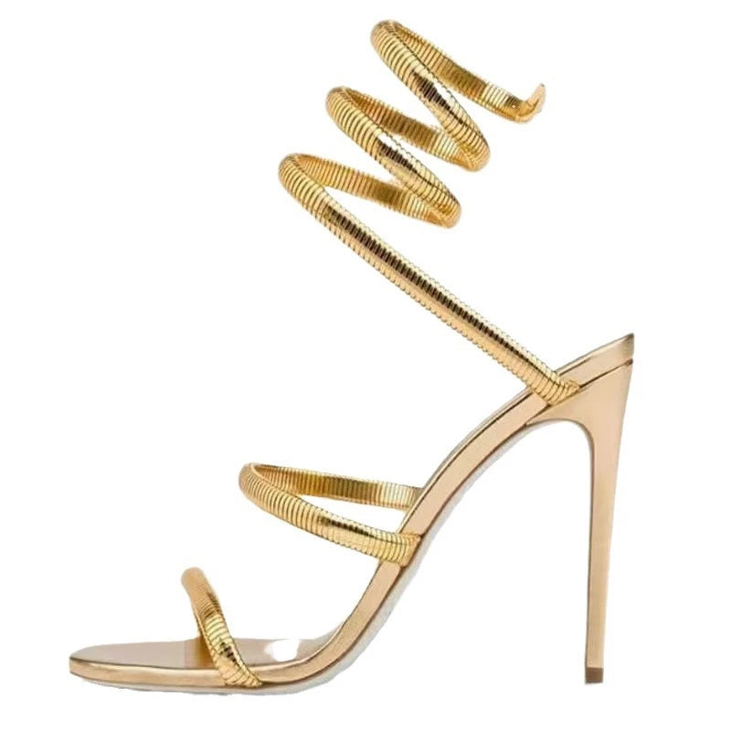 2025 Talon Snake Strap Silver Sole Summer  Ankle Wrap Around Spiral Heels for Lady