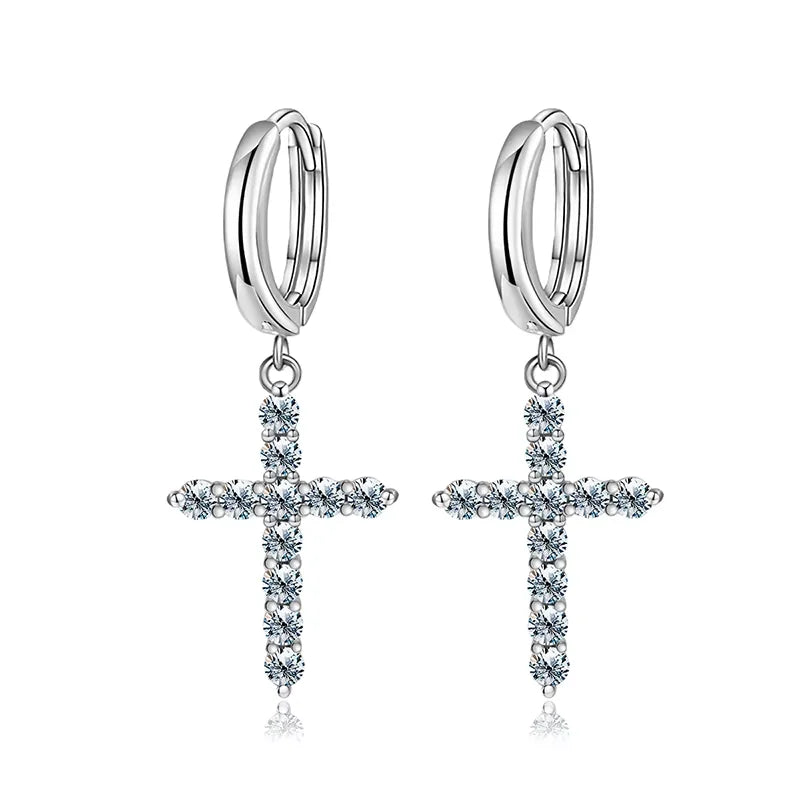 925 Sterling Silver 2mm Round Cut Moissanite Cross Jesus Earrings for Women Engagement Wedding Fine Jewelry