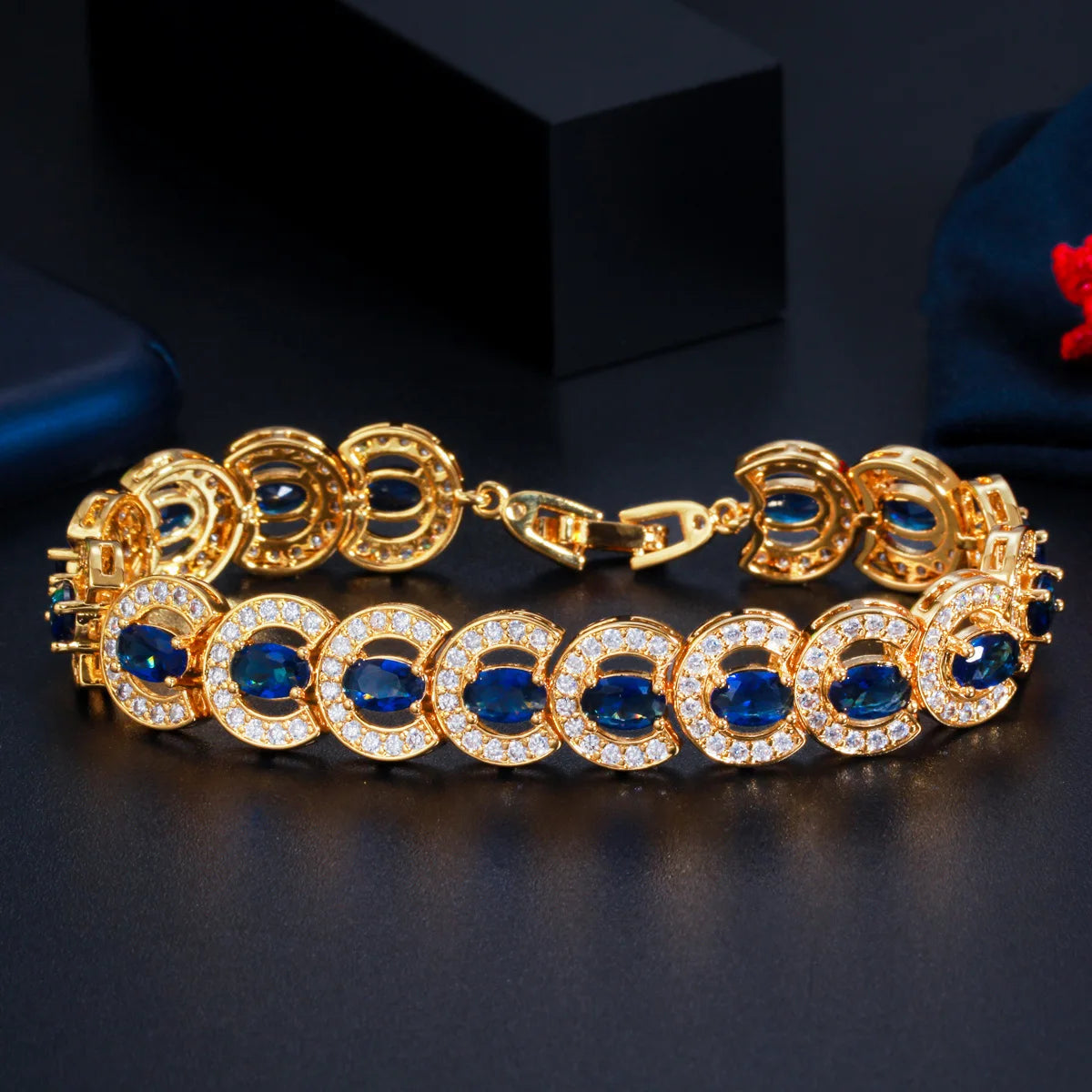Luxury Wedding Party Jewelry 18k Yellow Gold Plated Cubic Zirconia Stone Chain Link Tennis Bracelet for Women