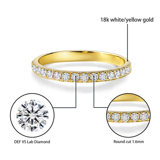 MomentWill 18k Solid Gold 1.6mm Round Cut DEF VS HPHT Lab Diamond Half Eternity Ring Wedding Band