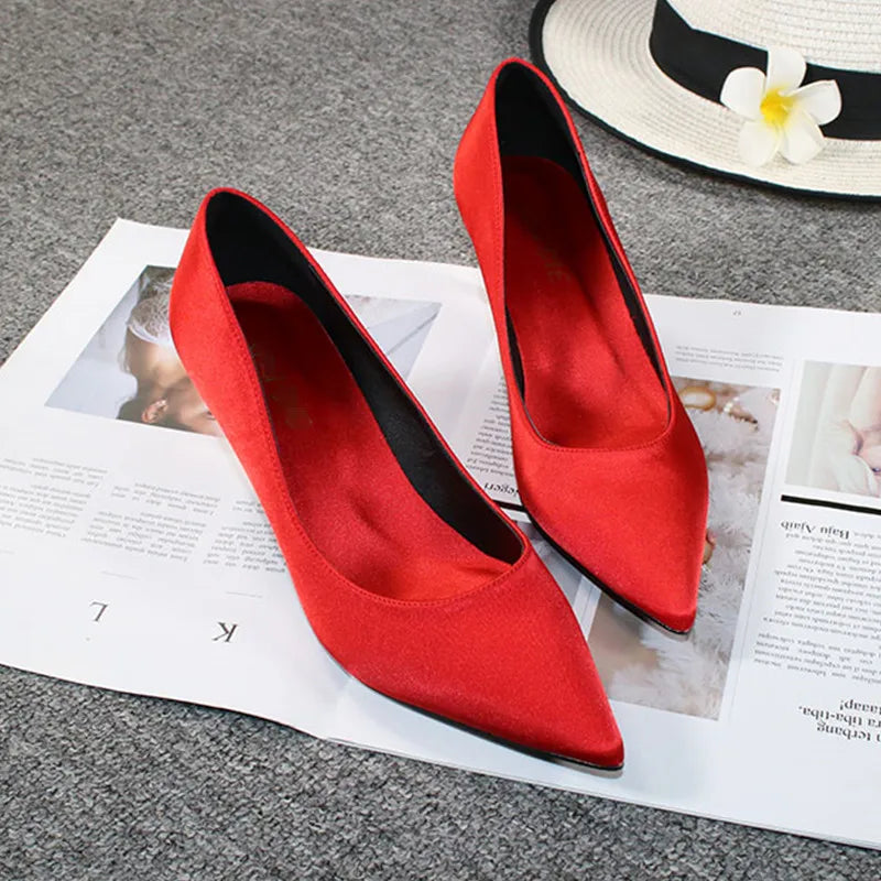 Shoes  6cm 8cm 10cm Silk and Satin Patent Leather Thin High Heels Pointed-Toe Pumps for Women