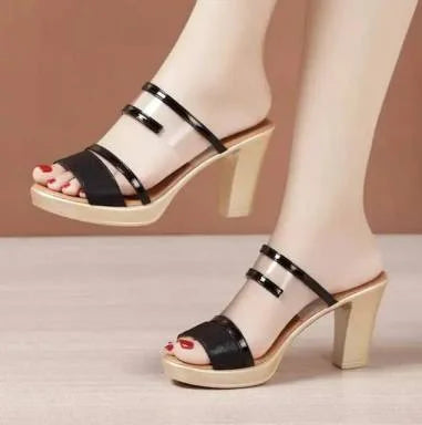 Women Fashion Summer Brilliant Thick Heel High-heeled Sandal Shoes Slides Europe Lady Girls Outdoor Casual Shopping Slipper