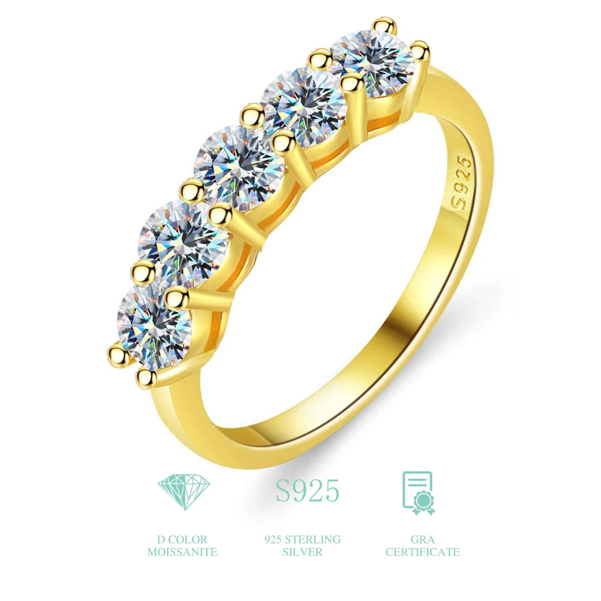 925 Sterling Silver 18k Gold Plated 5 Stone 0.3ct Tennis Eternity Band Diamond Moissanite Ring Wholesale Engagement Fine Jewelry