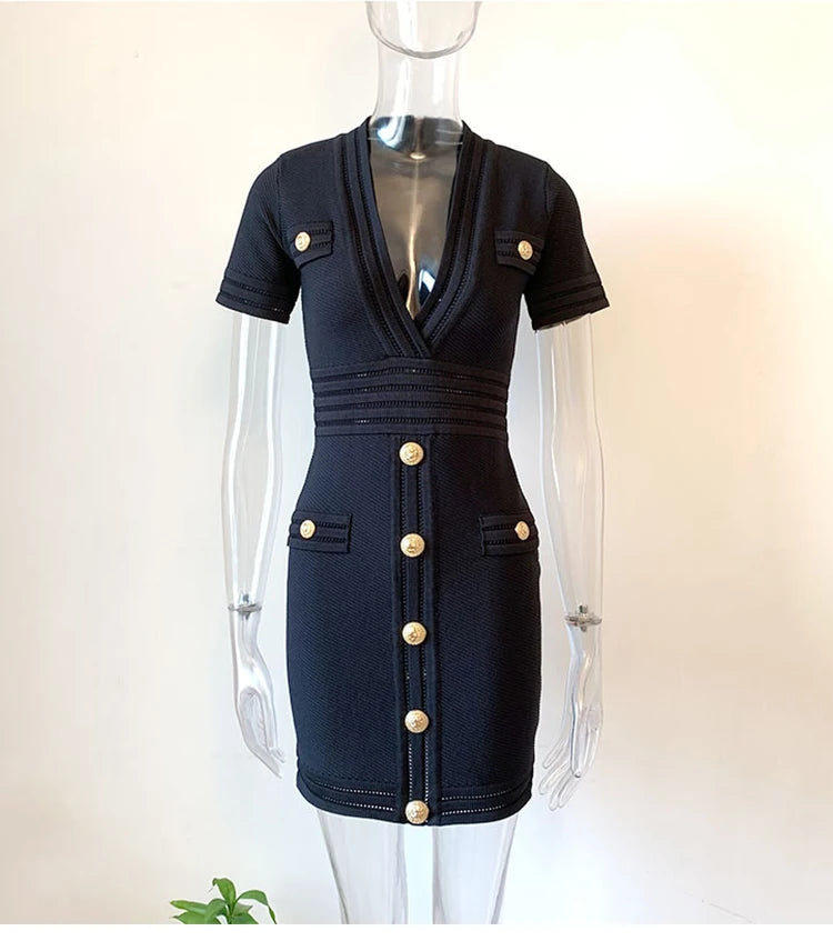 Hot Selling  Quality Short Sleeve V-neck Slim Knitting Casual Sheath Mini Dress Women