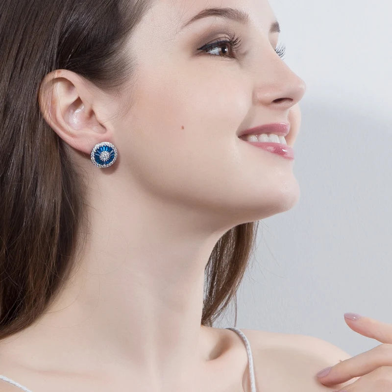 Noble Romantic Dark Blue Crystal Jewelry Luxury Round Cubic Zircon Wedding Big Stud Earrings for Women Party Gift