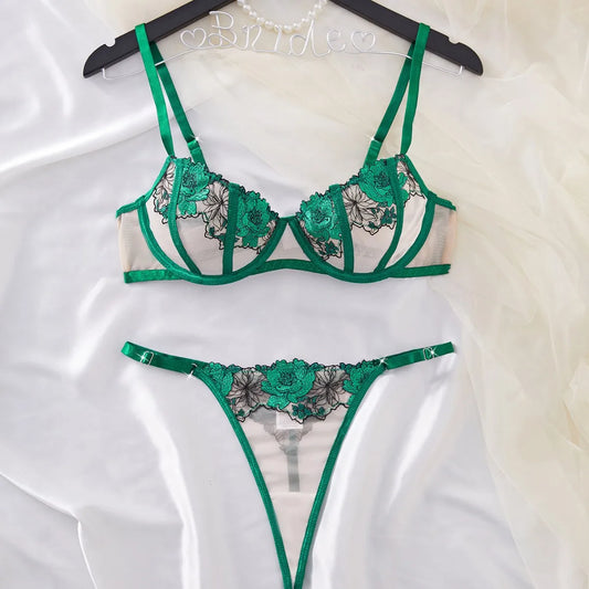 Sexy Underwear Green Flower Embroidery Two Piece Set Bra with G-Thong Lingerie Valentine's Day Underwear for Girls