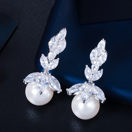Top Quality Bling Marquise Cut Cubic Zirconia Stone Big Wedding Party White Pearl Drop Earrings Jewelry for Women