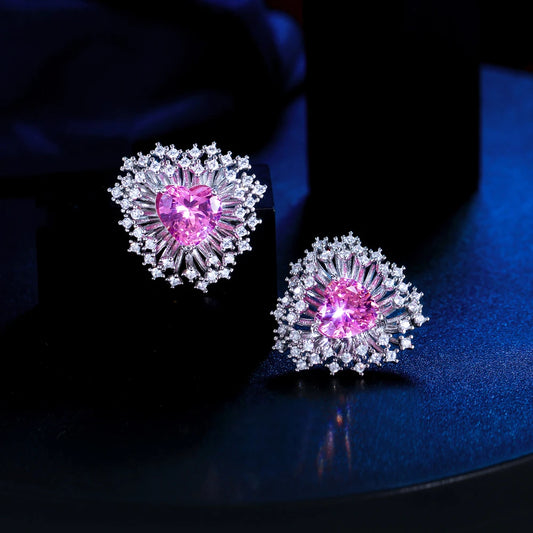 Trendy Fashion Pink Heart Cut Cubic Zirconia Firework Shape Stud Earrings for Women Dating Engagement Party Jewelry
