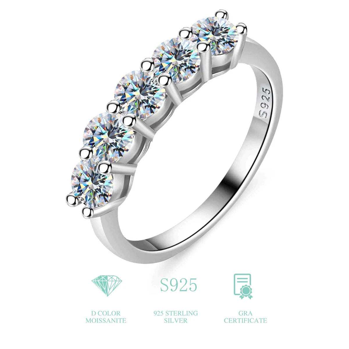 925 Sterling Silver 18k Gold Plated 5 Stone 0.3ct Tennis Eternity Band Diamond Moissanite Ring Wholesale Engagement Fine Jewelry