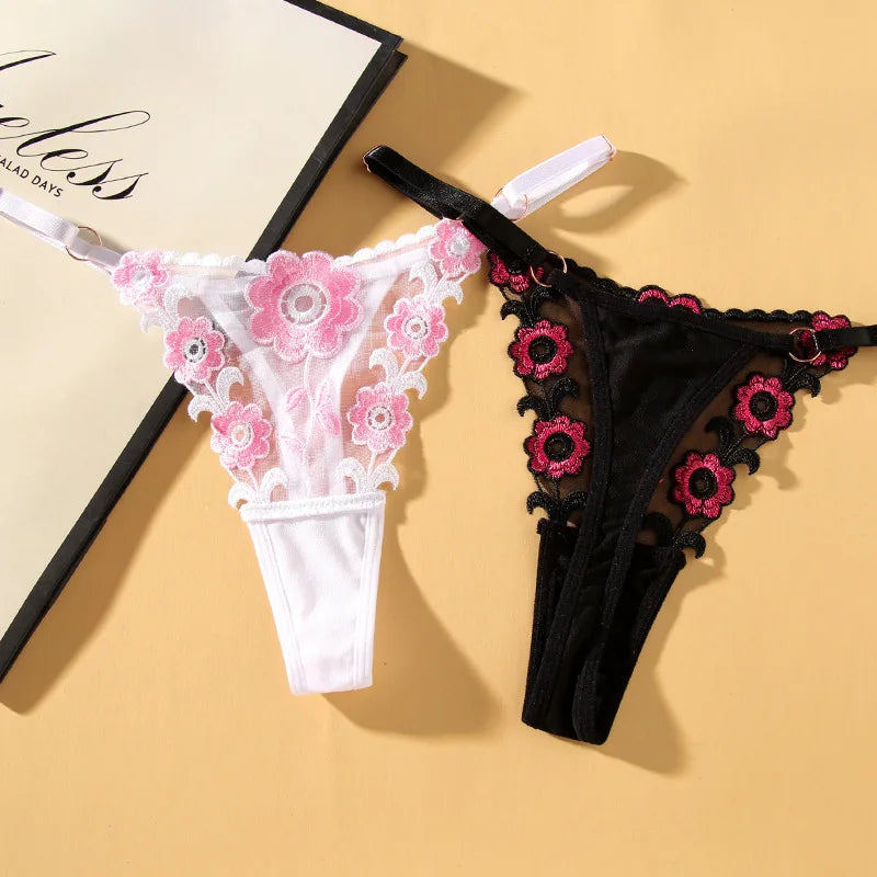 Lady Panties Elegant Floral Embroidery Lace Thong Set for Women Low Waist Hollow Out Underwear with Elastic for Wedding