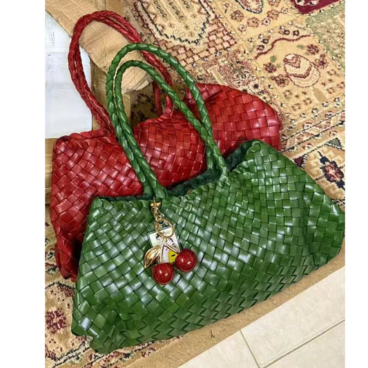 Luxury Tanned Cowhide Genuine Braided Leather Woven Shoulder Bags Large Capacity Soft Hand-woven  Women's Bags with Cotton Pouch