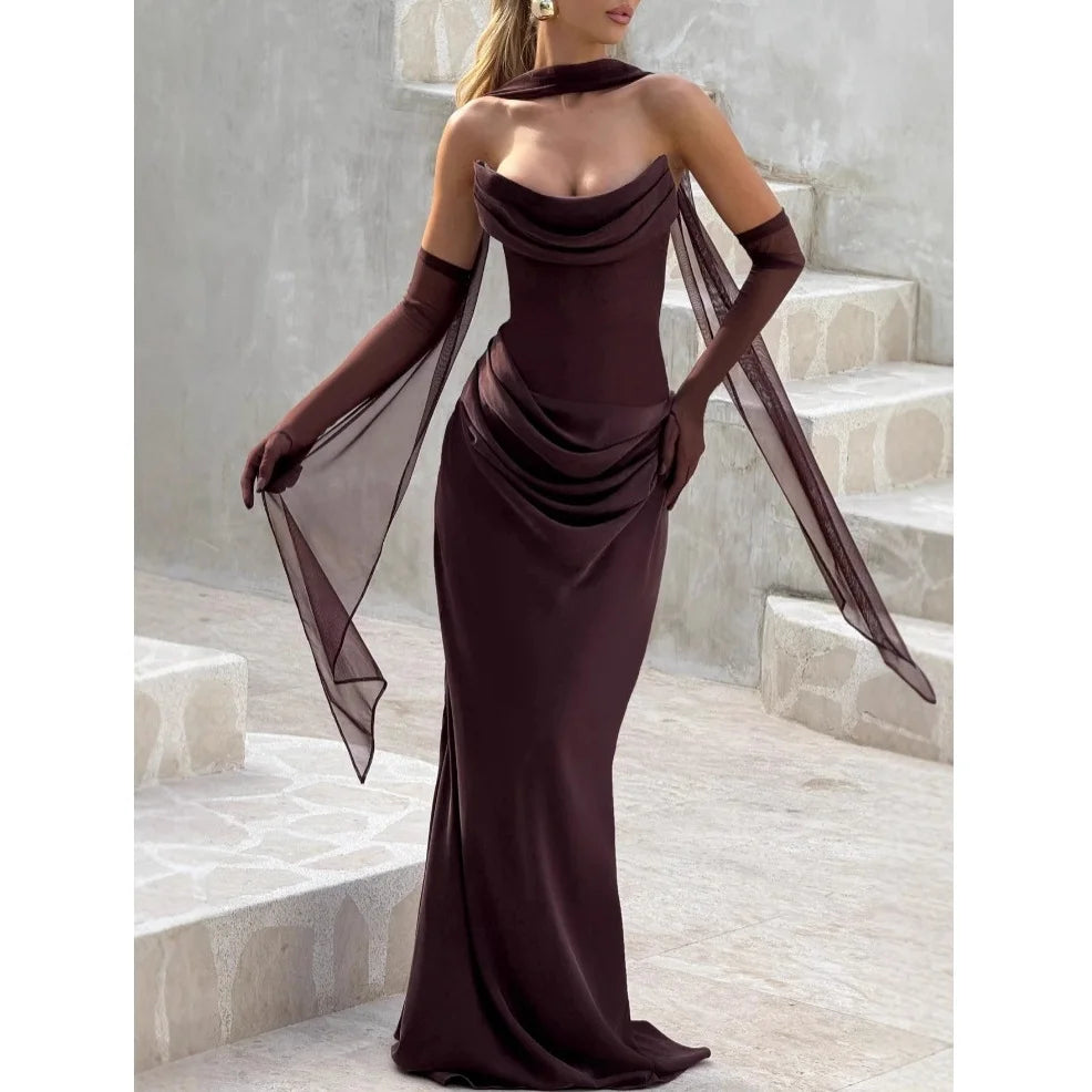 Off-shoulder Backless Sexy Maxi Dress Women Gown Elegant Scarf Collar Strapless Sleeveless Bodycon Club Party Dresses