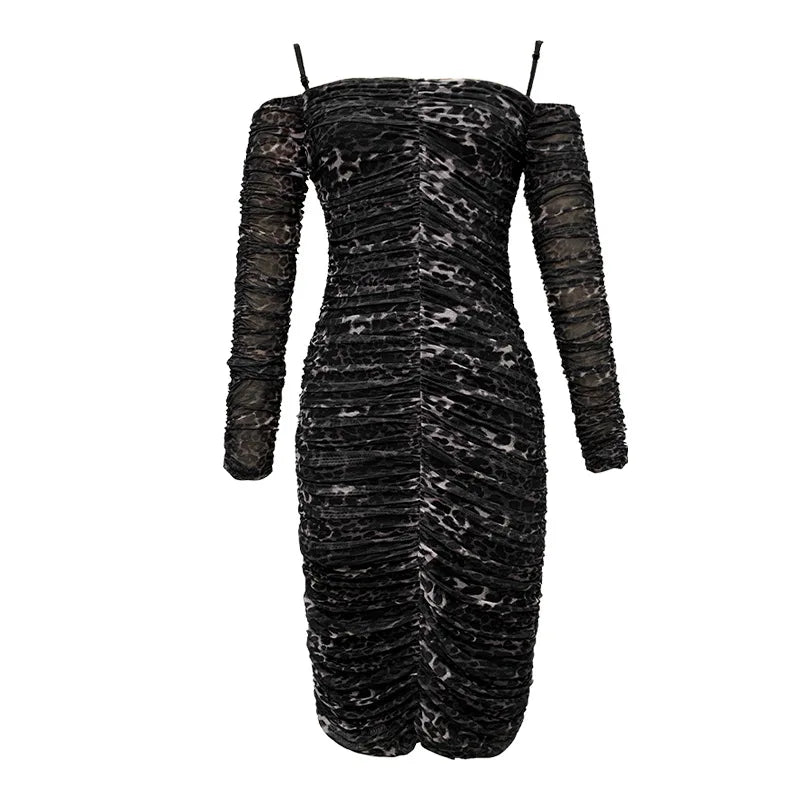 Women's Casual Mini Dress Long Sleeve Shoulder Leopard Print Pleated Ruched Bodycon Features Natural