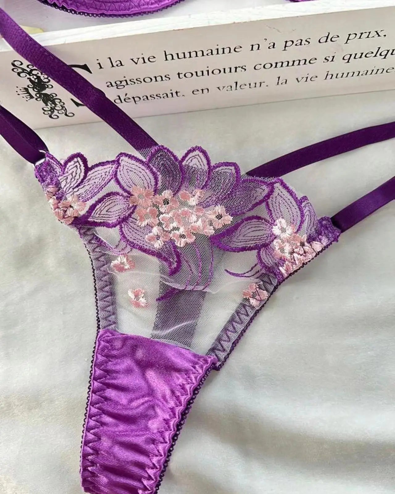 Sexy Lace Embroidery Underwear Two Piece Set Women's Big Breasts Small Thin Push-Up Bra Set Ladies Purple See Through Lingerie