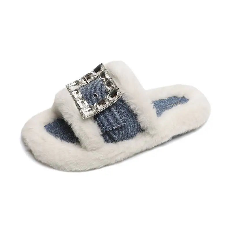 2025 Autumn/Winter Indoor Open Toe Flat Bottom Fashionable Warm Plush Slippers Female