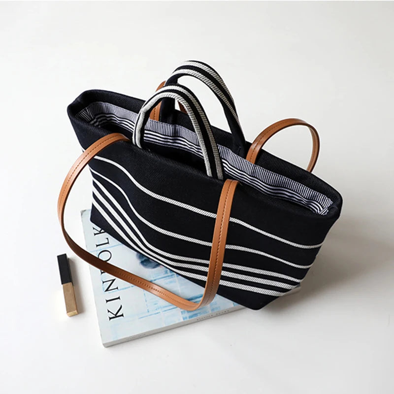 2026 Fall, Summer New Women Bag Beach Totes Lady Stripe Handbag Female Denim Striped Woven Shopping Shoulder Bag