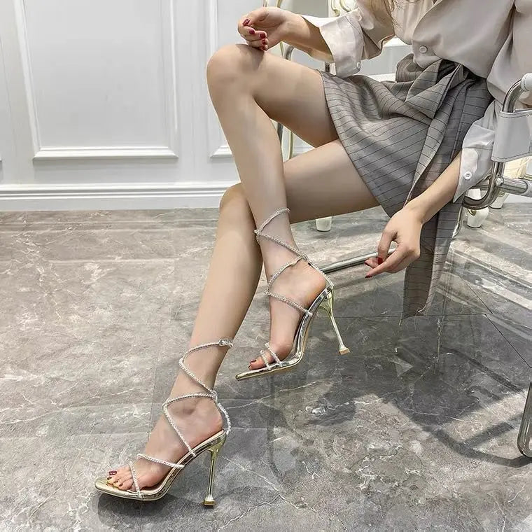 Women High Heel Shoes 2022 Summer Square Head Sequined Sexy Ladies High Heel Shoes