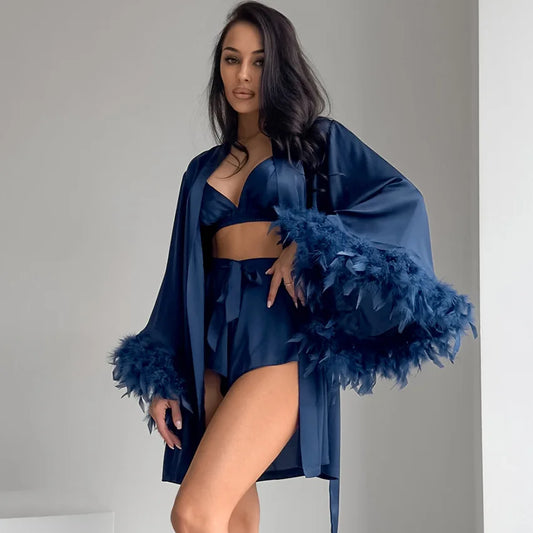High Quality Feather Women Sexy Lingerie Robe Seductive Women Pajamas Set Women's Underwear Pajamas