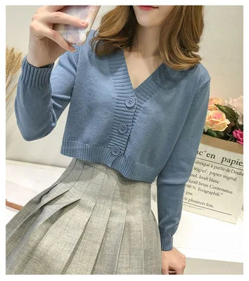 Korea Design Fashion Women's Sweet Style Sweater High Waist Long-sleeve V-neck Knitting Buttons Cardigan