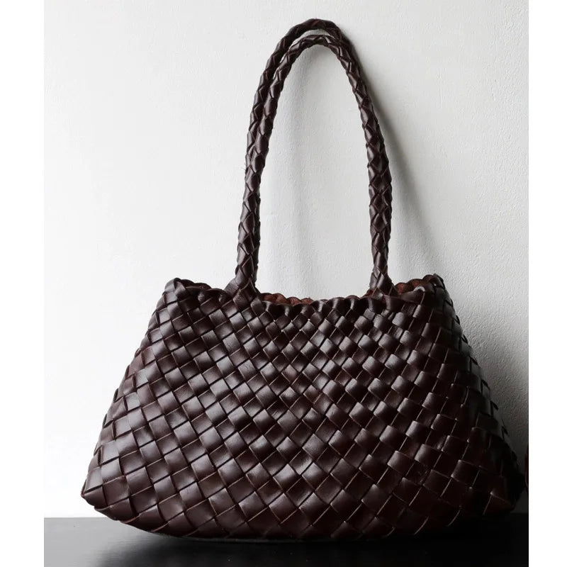 Luxury Tanned Cowhide Genuine Braided Leather Woven Shoulder Bags Large Capacity Soft Hand-woven  Women's Bags with Cotton Pouch