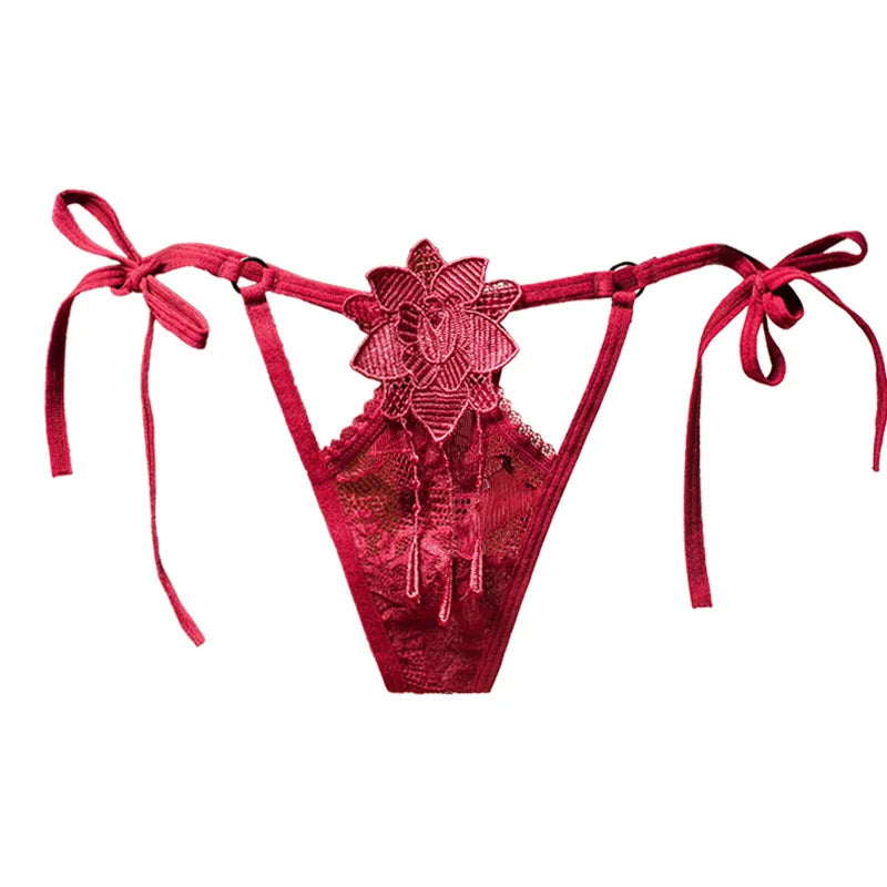 Embroidered Erotic G-string Side Tie Panties Women Lace Sexy Tie Hollow Thong Low Waist Tanties Solid Color Thongs