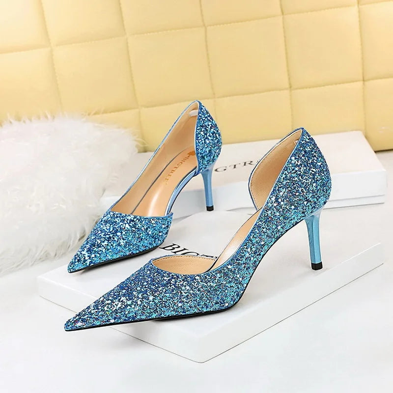 2025  Designer Fashion Shoes Sequin Cloth Stiletto Women's Pumps Heels for Ladies