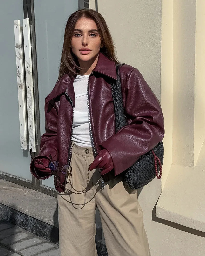 2025 Women's Spring and Autumn Vintage Motorcycle Popular Style Fashion Matte Leather  Zipper Jacket Coat