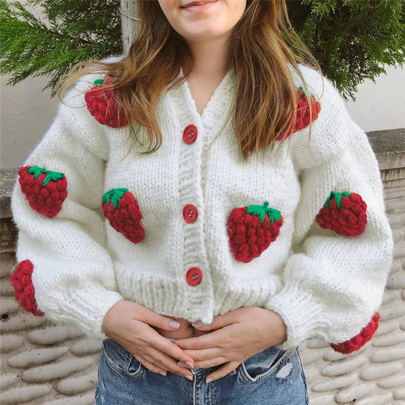Strawberry Embroidery Cropped Sweater for Women Knit Cardigan Female Winter Autumn Long Sleeve Loose Flower Sweater