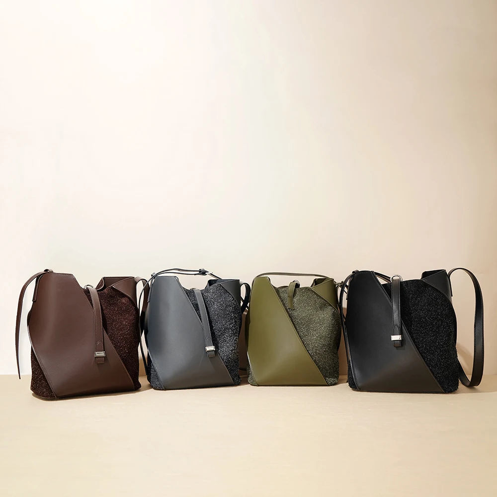 Large Capacity Genuine Cowhide Leather Bucket Bag Fashion Trendy Suede Shoulder Purse for Ladies Soft Vintage Style for Summer