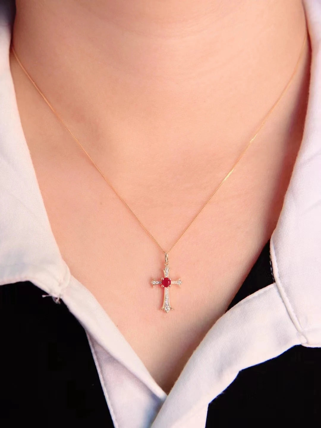 18K Gold Cross Pendant Natural Ruby Diamond Moissanite Jesus Hiphop Birthstone Necklace Pendants Charms