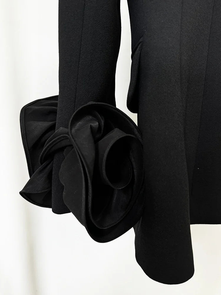 High Quality 3D Flowers Long Sleeve Blazer Spring Black V-Neck Slim Fit Elegant Women Jacket