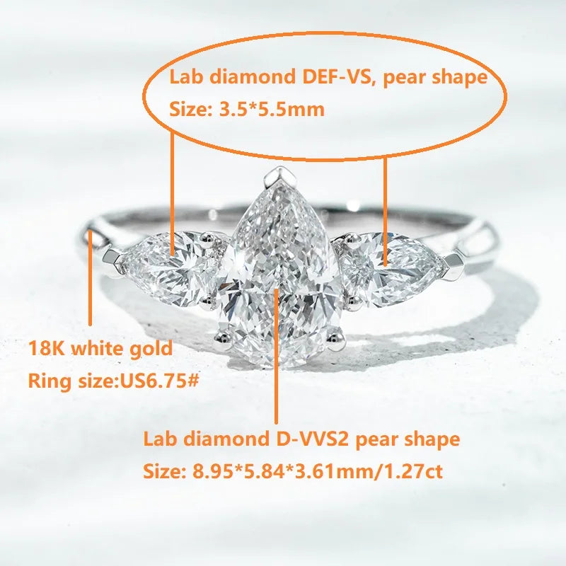 MomentWill 18K White Gold Ring 1.2ct Diamond Three Stone Pear Shape Lab Grown Diamond Hpht Cvd Engagement Wedding Ring Jewelry