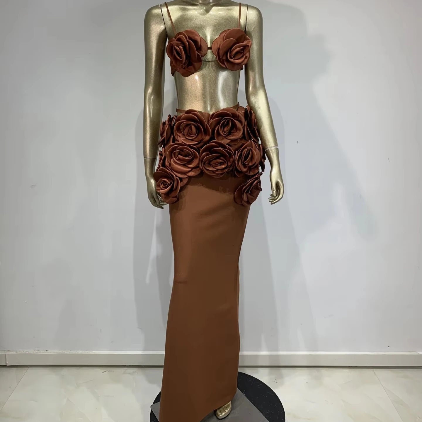 Trending 2025 Latest Arrival Sexy Dark Brown Bandage Dresses 3D Flower Top Floral Maxi Dress Gown Two Piece Set