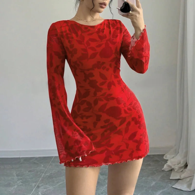 Flared Long Sleeve Women Short Dresses Slim Waist Fashion Backless Lace-up O-neck Sexy Women's Casual Short Dress