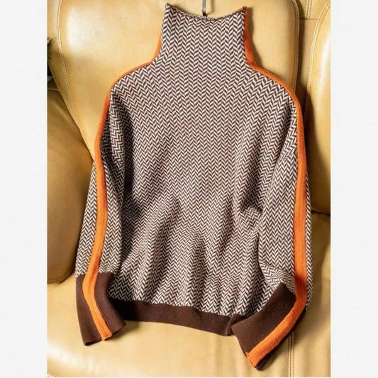 Autumn and Winter Design Loose Color Clashing High Neck Sweater Sweater Women Fall Winter Knitted Tops
