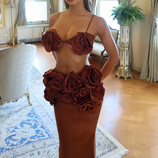 Trending 2025 Latest Arrival Sexy Dark Brown Bandage Dresses 3D Flower Top Floral Maxi Dress Gown Two Piece Set