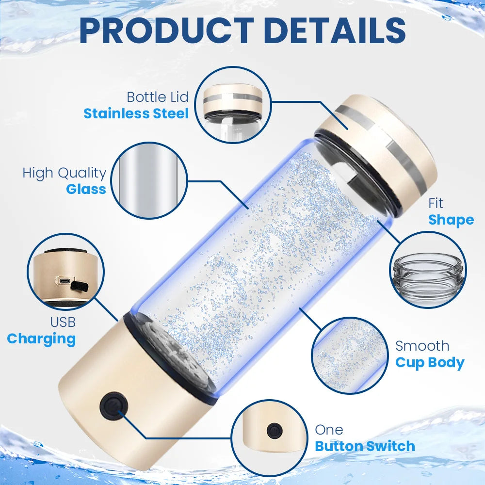 SPE PEM Platinum Coating H2 Water Ionizer 330ml Glass Hydrogen Bottle Water Molecular Hydrogen Water Bottle