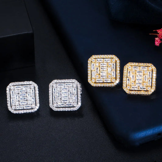 New Fashion Gorgeous Fancy Cubic Zirconia Big Square Stud Earring for Women White Gold Plated Wedding Bouquet Jewelry